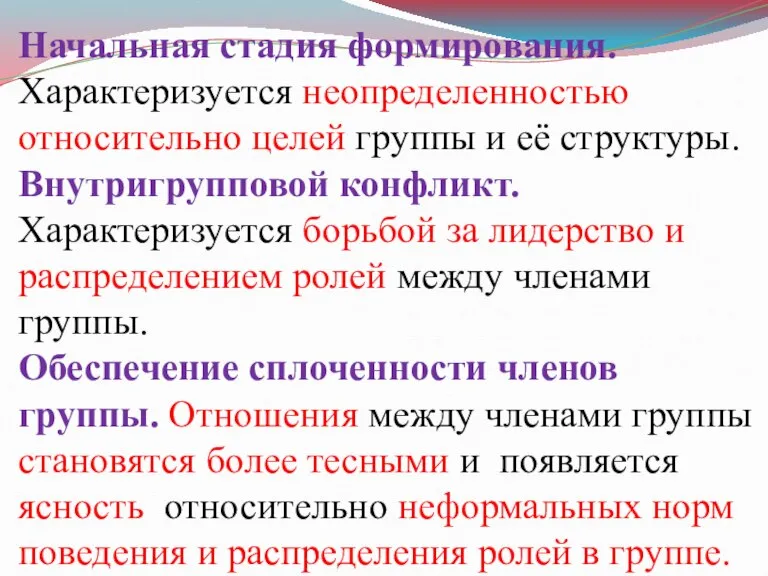 Начальная стадия формирования. Характеризуется неопределенностью относительно целей группы и её структуры. Внутригрупповой