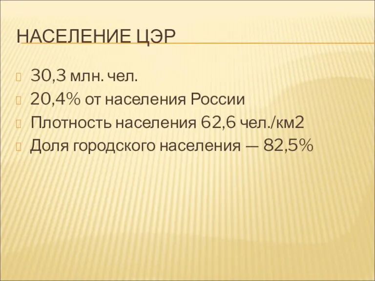 НАСЕЛЕНИЕ ЦЭР 30,3 млн. чел. 20,4% от населения России Плотность населения 62,6