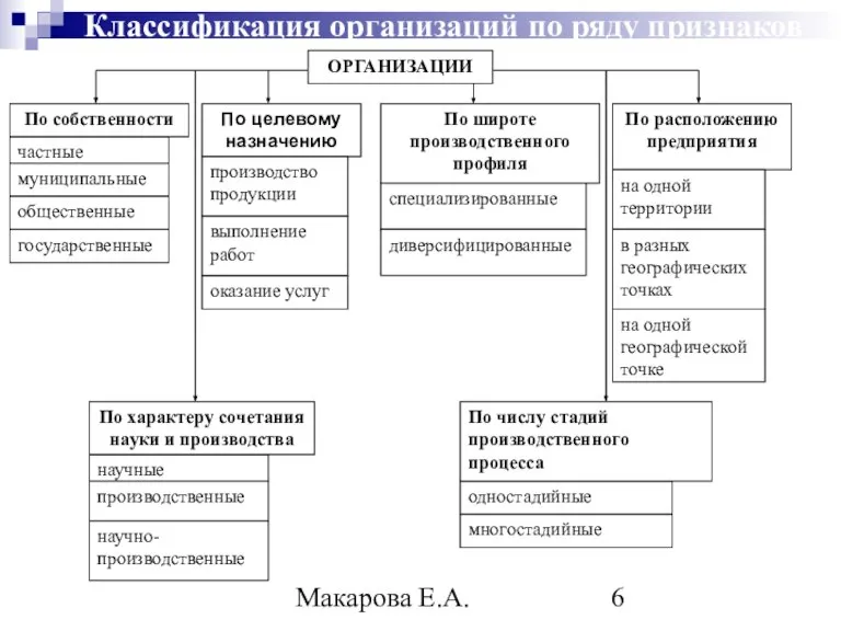 Макарова Е.А. Классификация организаций по ряду признаков частные государственные муниципальные общественные производство