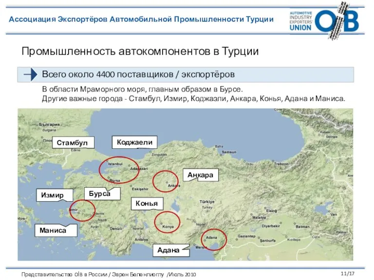 Промышленность автокомпонентов в Турции В области Мраморного моря, главным образом в Бурсе.