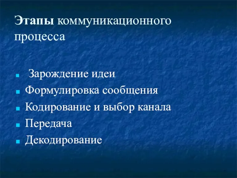 Этапы коммуникационного процесса Зарождение идеи Формулировка сообщения Кодирование и выбор канала Передача Декодирование