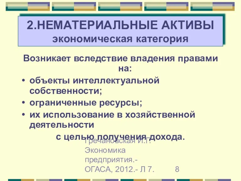 Гречановская И.Г. Экономика предприятия.-ОГАСА, 2012.- Л 7. 2.НЕМАТЕРИАЛЬНЫЕ АКТИВЫ экономическая категория Возникает