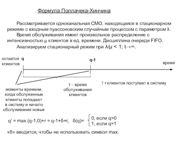 Формула Поллачека-Хинчина Рассматривается одноканальная СМО, находящаяся в стационарном режиме с входным пуассоновским