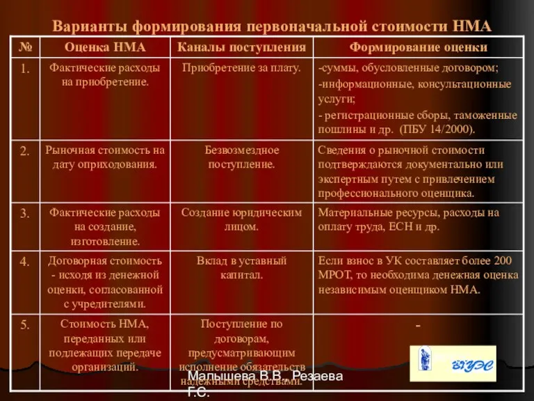 Малышева В.В., Резаева Г.С. Варианты формирования первоначальной стоимости НМА