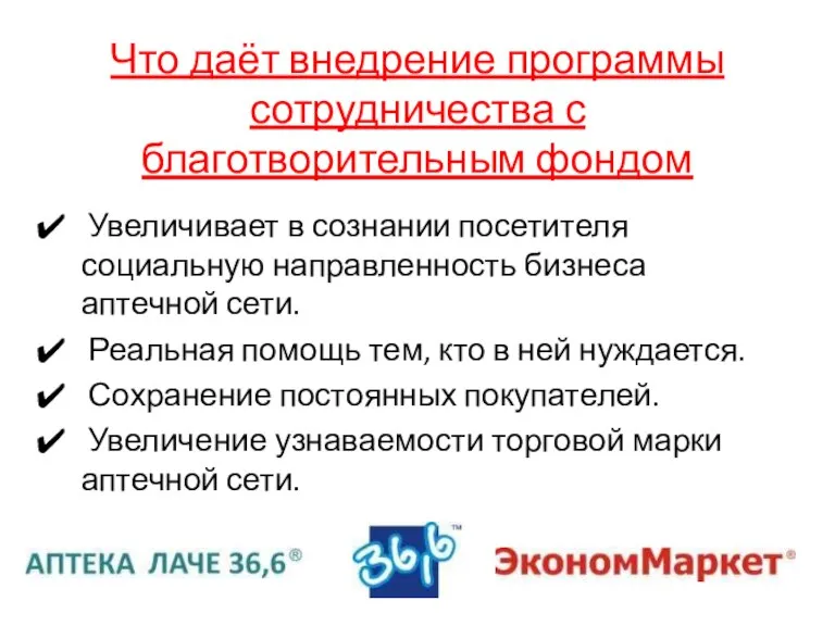 Что даёт внедрение программы сотрудничества с благотворительным фондом Увеличивает в сознании посетителя