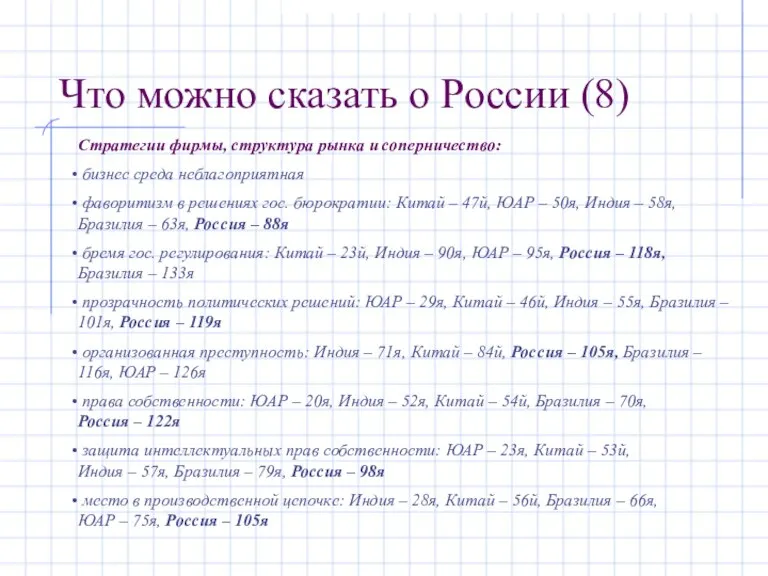 Что можно сказать о России (8) Стратегии фирмы, структура рынка и соперничество: