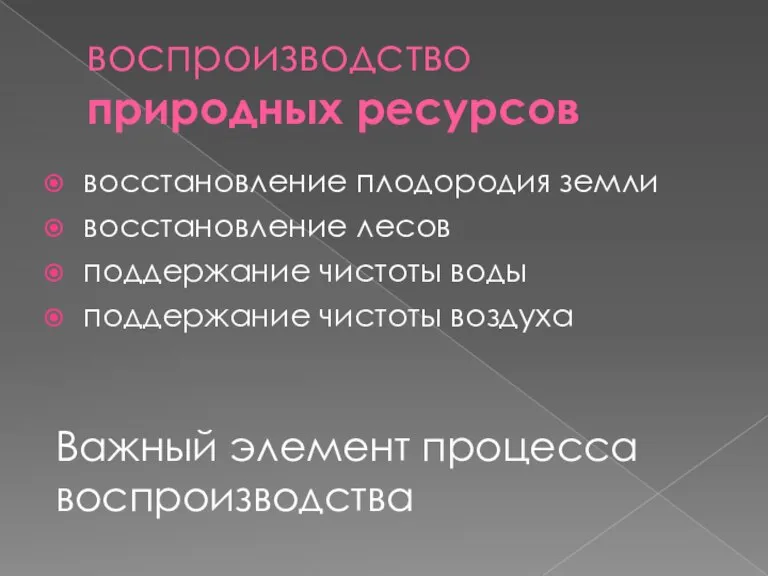 воспроизводство природных ресурсов восстановление плодородия земли восстановление лесов поддержание чистоты воды поддержание