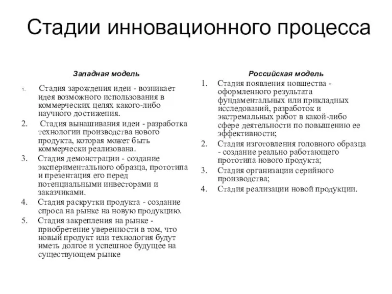 Стадии инновационного процесса Западная модель Стадия зарождения идеи - возникает идея возможного