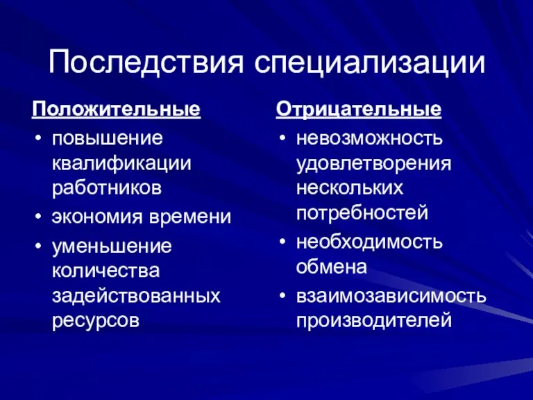 Последствия специализации Положительные повышение квалификации работников экономия времени уменьшение количества задействованных ресурсов