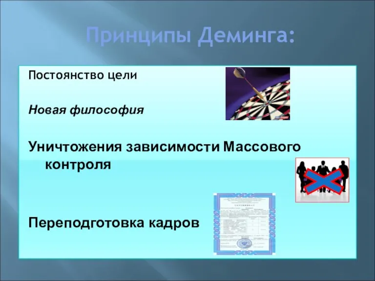 Принципы Деминга: Постоянство цели Новая философия Уничтожения зависимости Массового контроля Переподготовка кадров