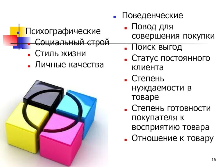 Психографические Социальный строй Стиль жизни Личные качества Поведенческие Повод для совершения покупки