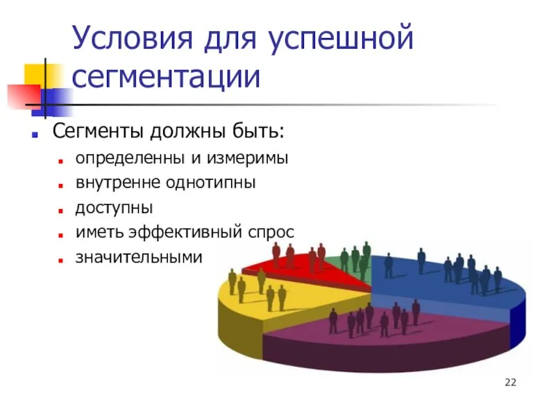 Условия для успешной сегментации Сегменты должны быть: определенны и измеримы внутренне однотипны