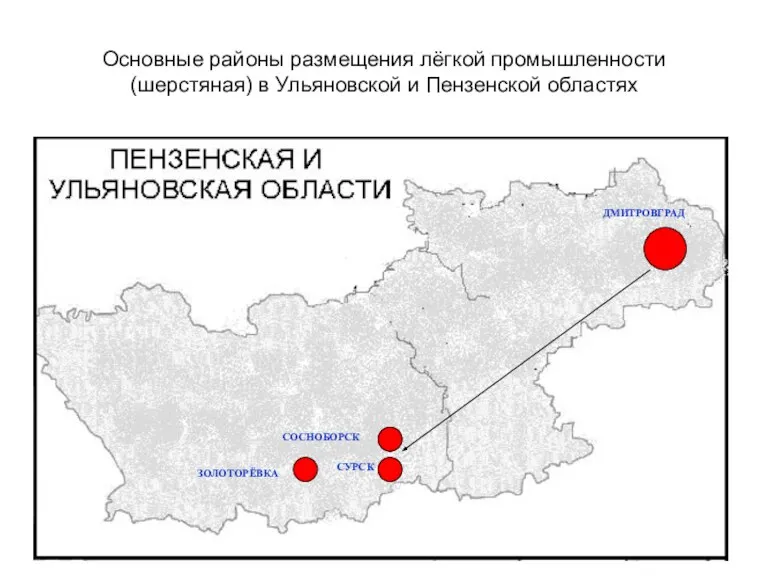 Основные районы размещения лёгкой промышленности (шерстяная) в Ульяновской и Пензенской областях ДМИТРОВГРАД СУРСК СОСНОБОРСК ЗОЛОТОРЁВКА