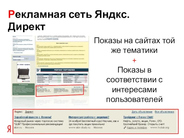 Рекламная сеть Яндкс.Директ Показы на сайтах той же тематики + Показы в соответствии с интересами пользователей