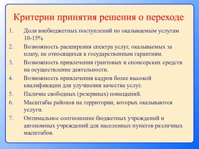 Доля внебюджетных поступлений по оказываемым услугам 10-15% Возможность расширения спектра услуг, оказываемых