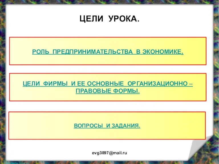 ЦЕЛИ УРОКА. evg3097@mail.ru РОЛЬ ПРЕДПРИНИМАТЕЛЬСТВА В ЭКОНОМИКЕ. ЦЕЛИ ФИРМЫ И ЕЕ ОСНОВНЫЕ