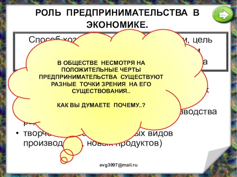 РОЛЬ ПРЕДПРИНИМАТЕЛЬСТВА В ЭКОНОМИКЕ. evg3097@mail.ru Способ хозяйственной деятельности, цель которого – получение