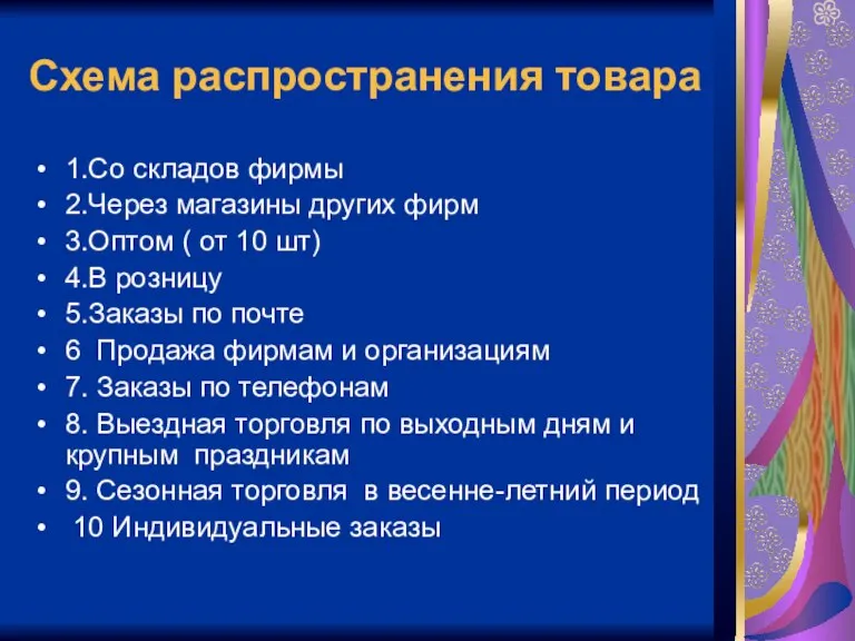 Схема распространения товара 1.Со складов фирмы 2.Через магазины других фирм 3.Оптом (