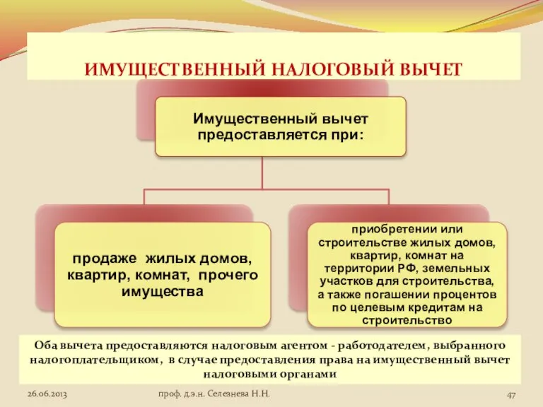 ИМУЩЕСТВЕННЫЙ НАЛОГОВЫЙ ВЫЧЕТ Оба вычета предоставляются налоговым агентом - работодателем, выбранного налогоплательщиком,