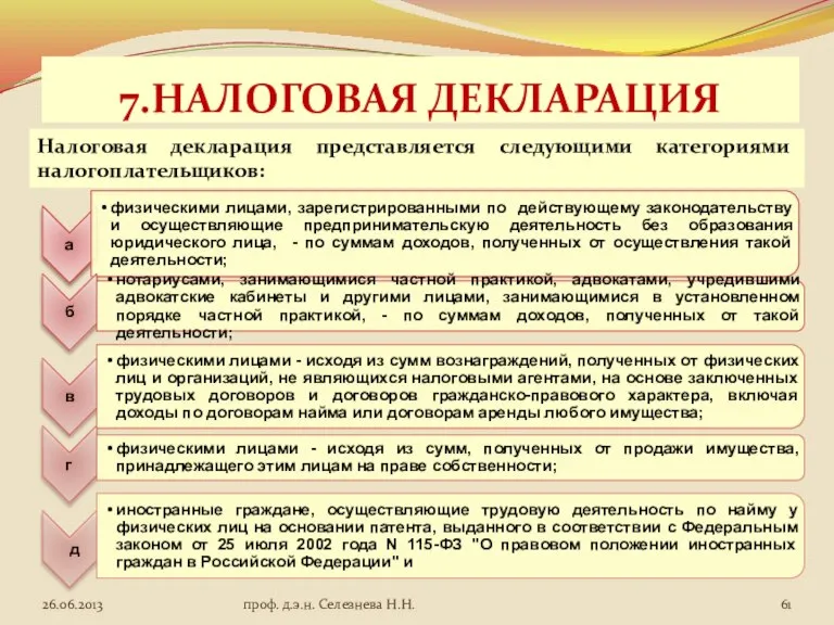 7.НАЛОГОВАЯ ДЕКЛАРАЦИЯ Налоговая декларация представляется следующими категориями налогоплательщиков: проф. д.э.н. Селезнева Н.Н.