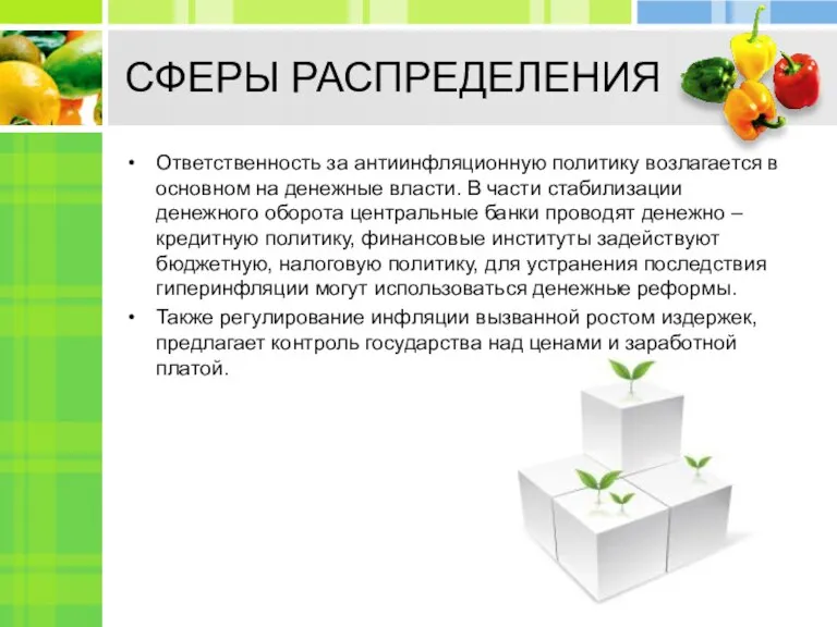 СФЕРЫ РАСПРЕДЕЛЕНИЯ Ответственность за антиинфляционную политику возлагается в основном на денежные власти.