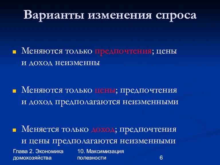 Глава 2. Экономика домохозяйства 10. Максимизация полезности Варианты изменения спроса Меняются только