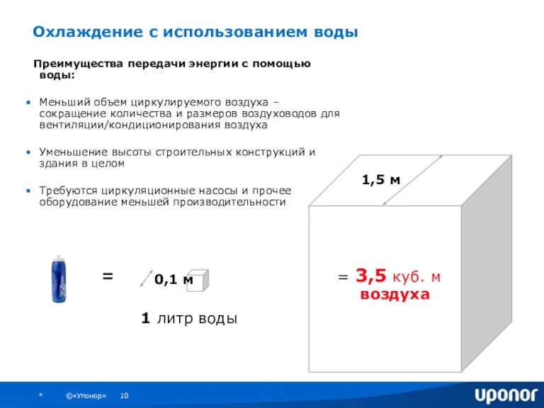 Охлаждение с использованием воды Преимущества передачи энергии с помощью воды: Меньший объем