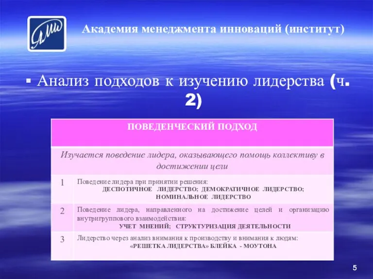 Академия менеджмента инноваций (институт) Анализ подходов к изучению лидерства (ч. 2)