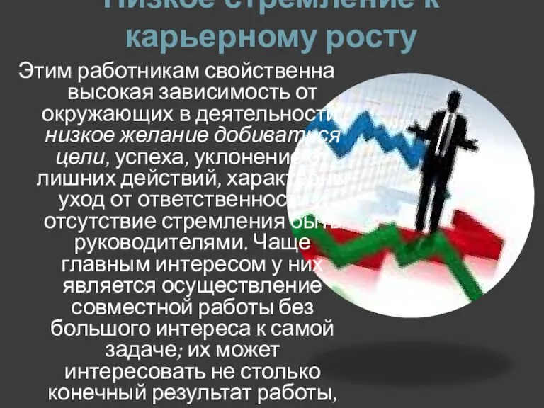 Низкое стремление к карьерному росту Этим работникам свойственна высокая зависимость от окружающих