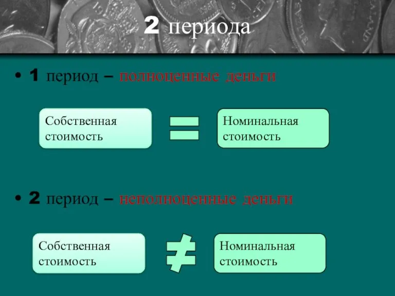 2 периода 1 период – полноценные деньги 2 период – неполноценные деньги