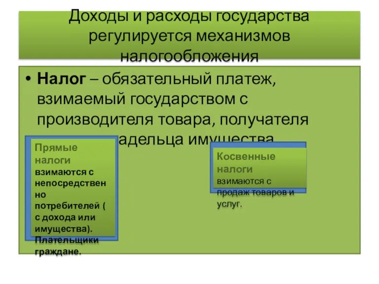 Доходы и расходы государства регулируется механизмов налогообложения Налог – обязательный платеж, взимаемый