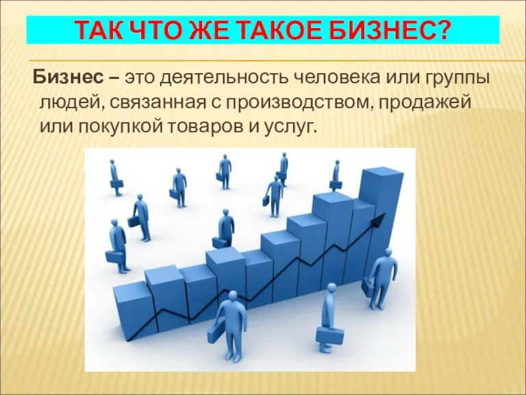 ТАК ЧТО ЖЕ ТАКОЕ БИЗНЕС? Бизнес – это деятельность человека или группы