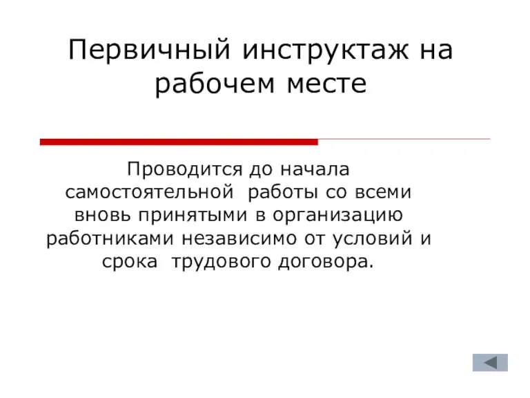 Первичный инструктаж на рабочем месте Проводится до начала самостоятельной работы со всеми