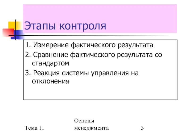 Тема 11 Основы менеджмента Этапы контроля 1. Измерение фактического результата 2. Сравнение