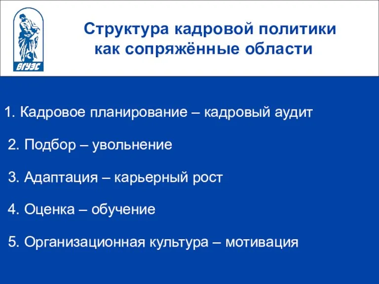 Структура кадровой политики как сопряжённые области 1. Кадровое планирование – кадровый аудит