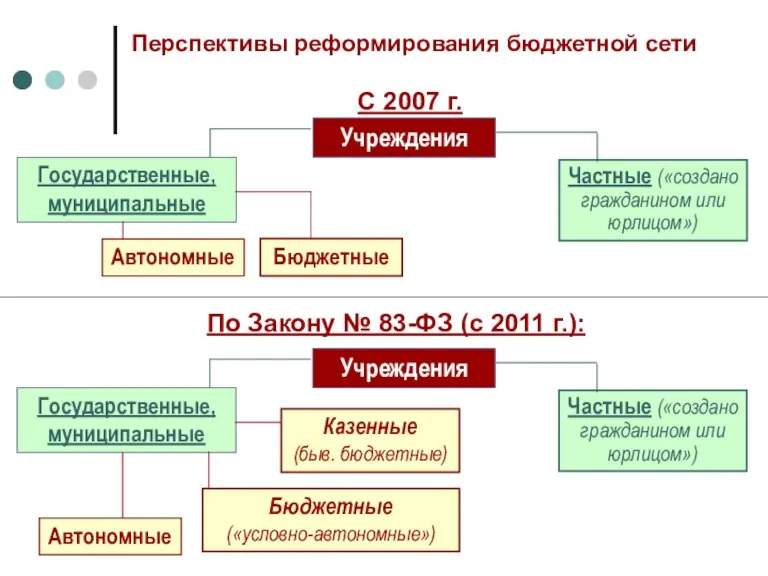 Перспективы реформирования бюджетной сети Учреждения Государственные, муниципальные Частные («создано гражданином или юрлицом»)