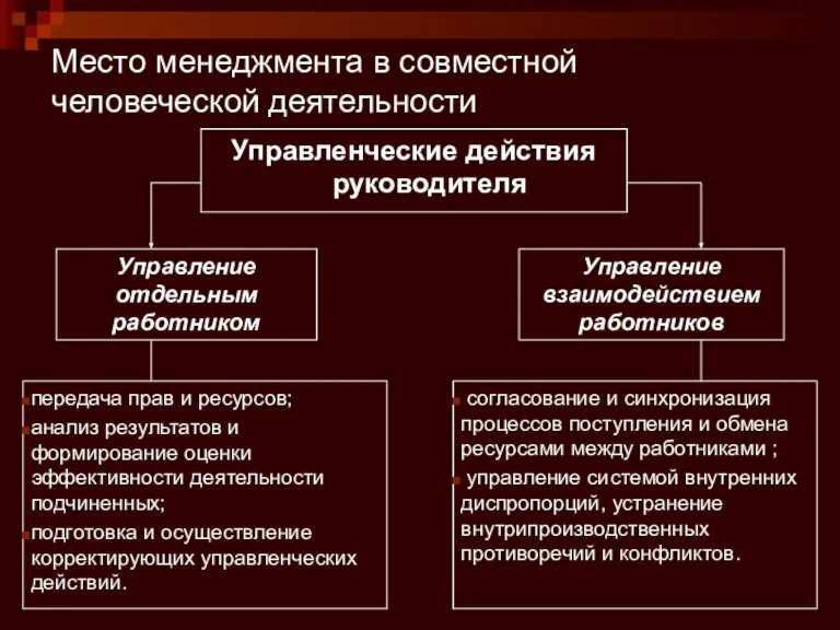 Управленческие действия руководителя Место менеджмента в совместной человеческой деятельности Управление отдельным работником