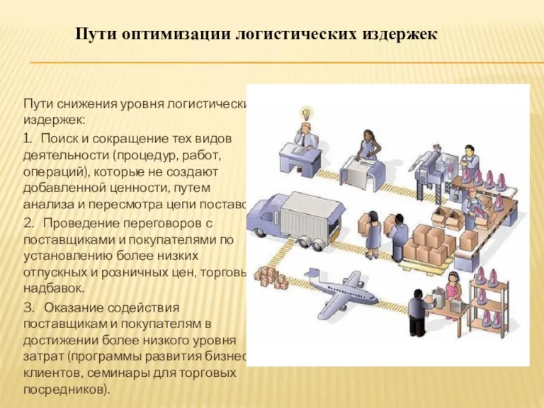 Пути снижения уровня логистических издержек: 1. Поиск и сокращение тех видов деятельности