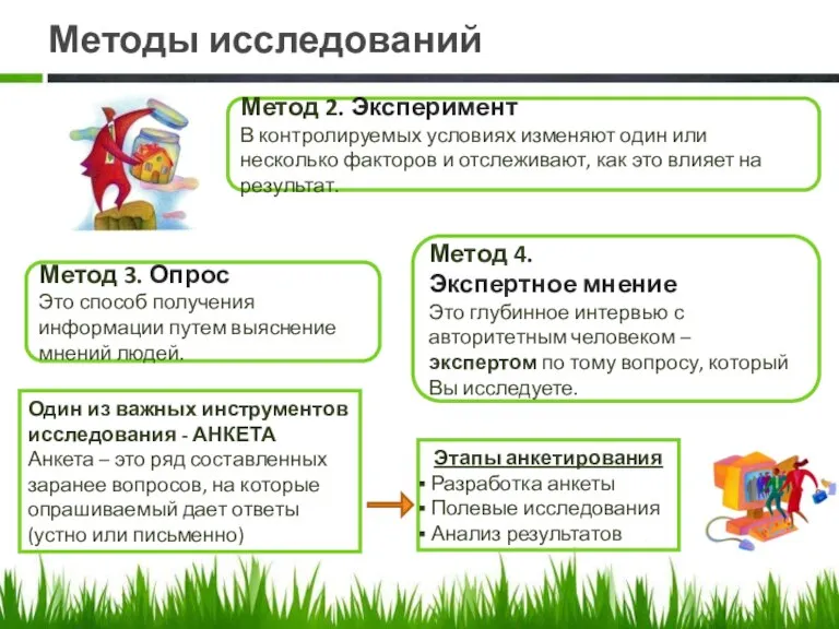 Методы исследований Метод 2. Эксперимент В контролируемых условиях изменяют один или несколько