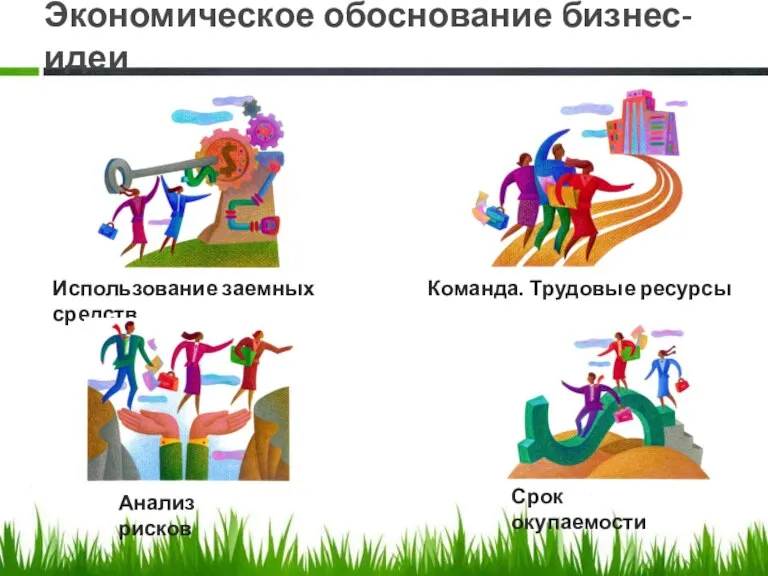 Экономическое обоснование бизнес-идеи Использование заемных средств Команда. Трудовые ресурсы Анализ рисков Срок окупаемости