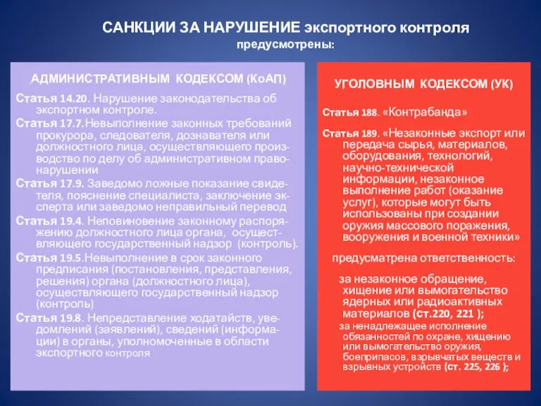 САНКЦИИ ЗА НАРУШЕНИЕ экспортного контроля предусмотрены: АДМИНИСТРАТИВНЫМ КОДЕКСОМ (КоАП) Статья 14.20. Нарушение