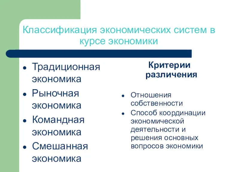 Классификация экономических систем в курсе экономики Традиционная экономика Рыночная экономика Командная экономика