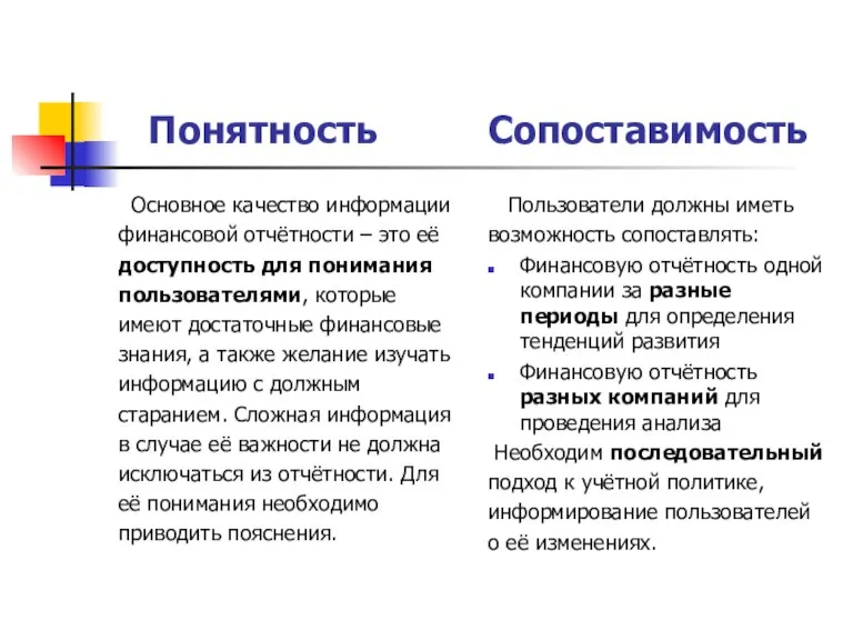 Понятность Сопоставимость Основное качество информации финансовой отчётности – это её доступность для