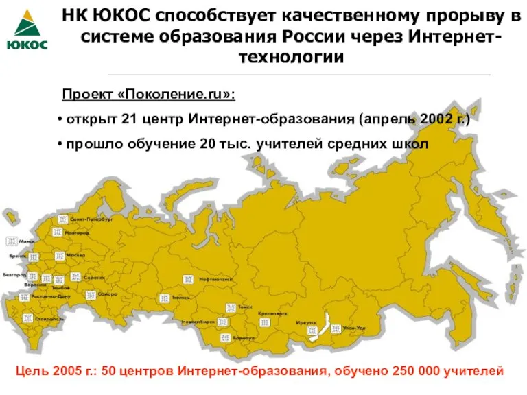 НК ЮКОС способствует качественному прорыву в системе образования России через Интернет-технологии Проект