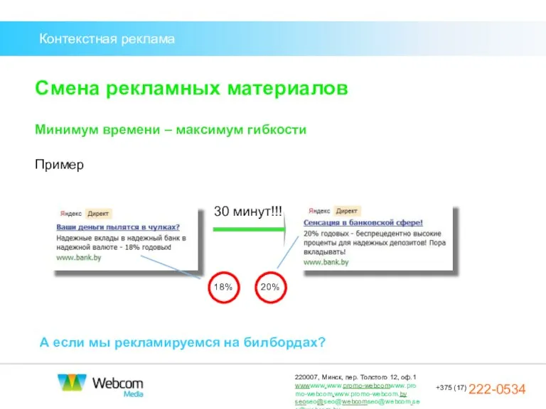 Контекстная реклама Смена рекламных материалов Минимум времени – максимум гибкости Пример 30