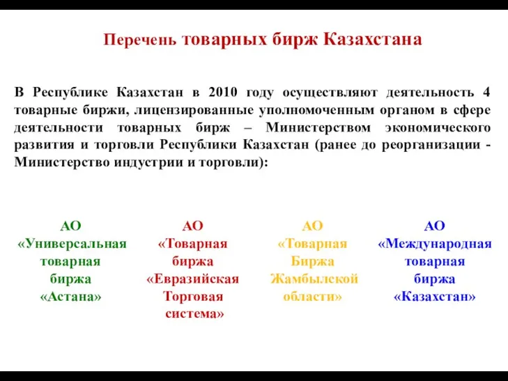 В Республике Казахстан в 2010 году осуществляют деятельность 4 товарные биржи, лицензированные