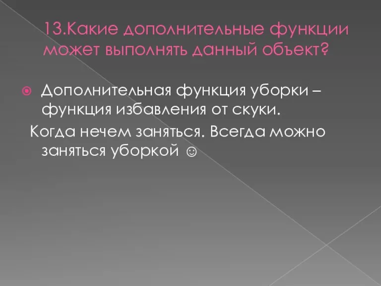 13.Какие дополнительные функции может выполнять данный объект? Дополнительная функция уборки – функция