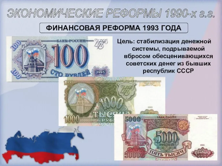 Цель: стабилизация денежной системы, подрываемой вбросом обесценивающихся советских денег из бывших республик