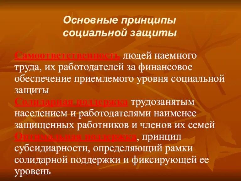 Основные принципы социальной защиты Самоответственность людей наемного труда, их работодателей за финансовое