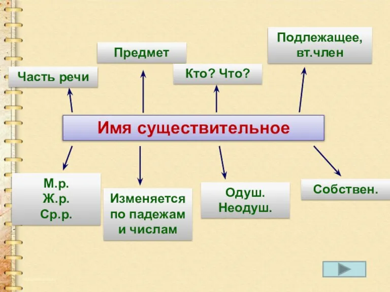 Имя существительное Часть речи Предмет Кто? Что? Подлежащее, вт.член Изменяется по падежам